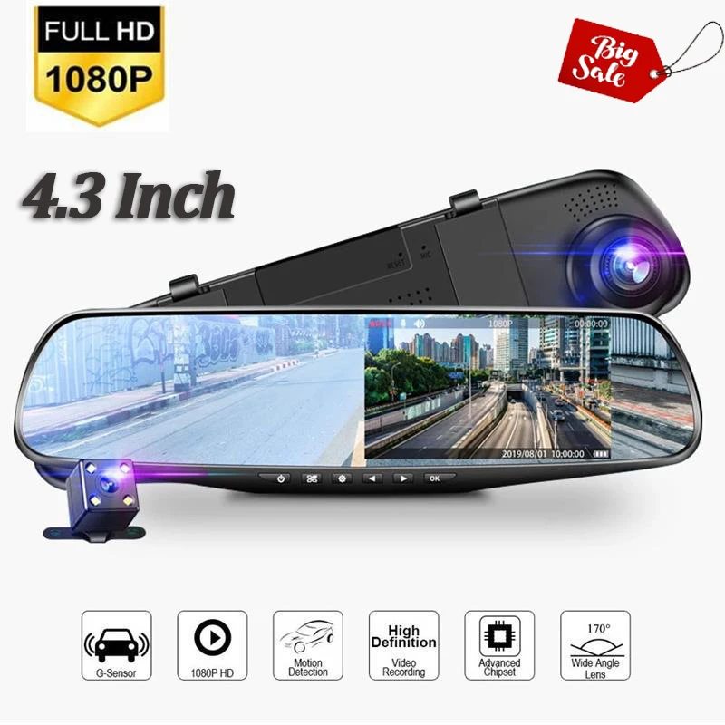 4.3 Inch Driving Recorder Car DVR Rearview Mirror Dual Lens Car Recorder 1080P IPS Front and Rear Camera Registrar Black Box New