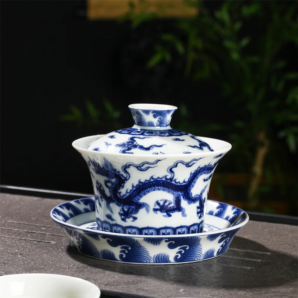 Jingdezhen Handmade Firewood Kiln Blue and White Horseshoe Kowloon Tureen Strainer Cup Teapot Filter