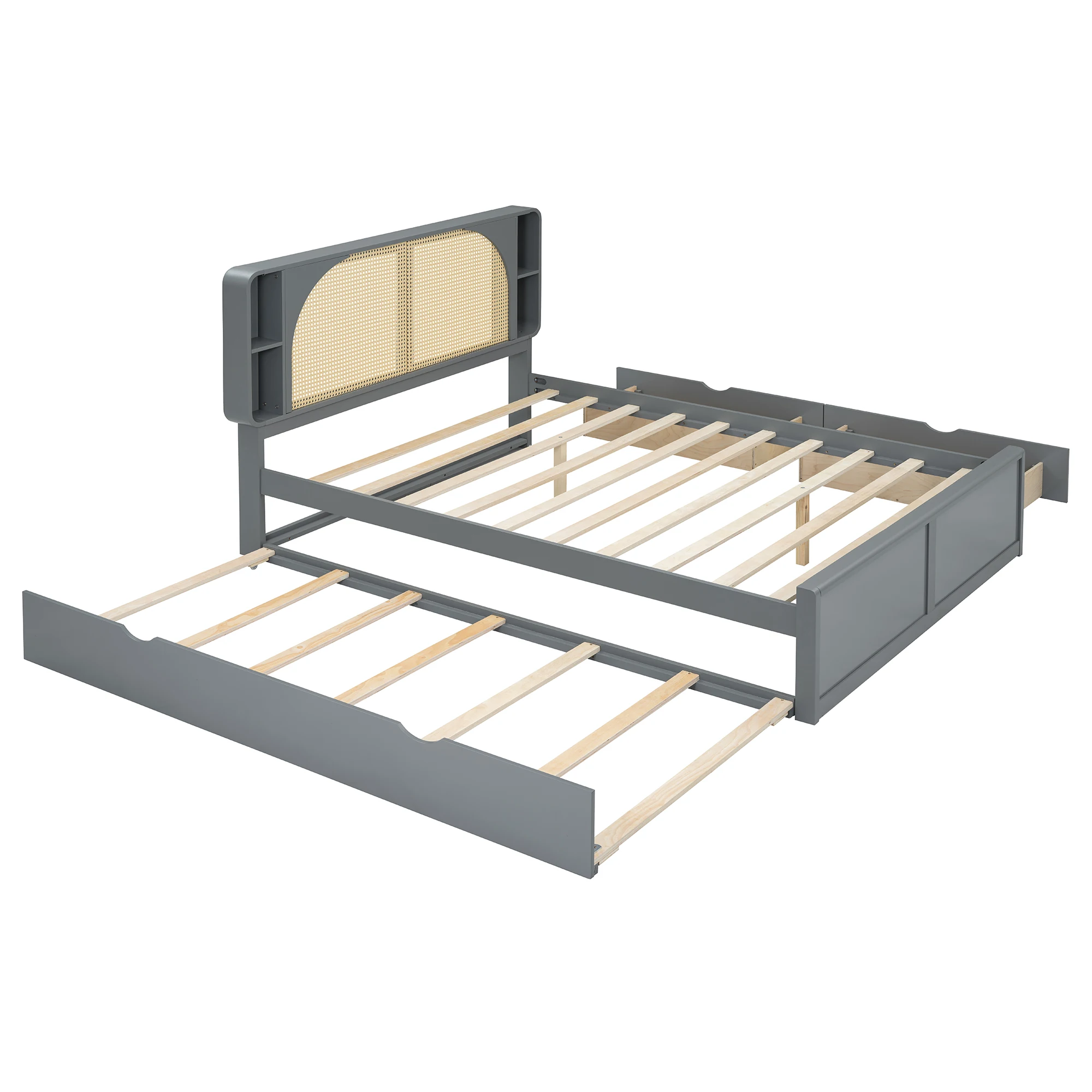 US Queen Bed Frame With Rattan Headboard And Pull Out Trundle, Bed Frame With 2 Storage Drawers And Strong Wood Slats Support