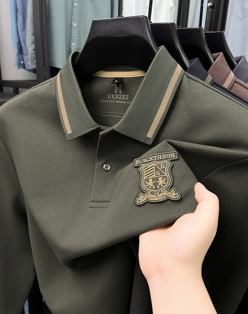 High quality fashion men long sleeve polo shirt top brand emblem embroidery 100% pure cotton casual comfort spring trend T-shirt
