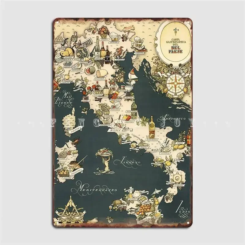 Mapa gastronómico de Italia 1949, letrero de Metal, cine, cocina, Club, Bar, platos personalizados, carteles de estaño
