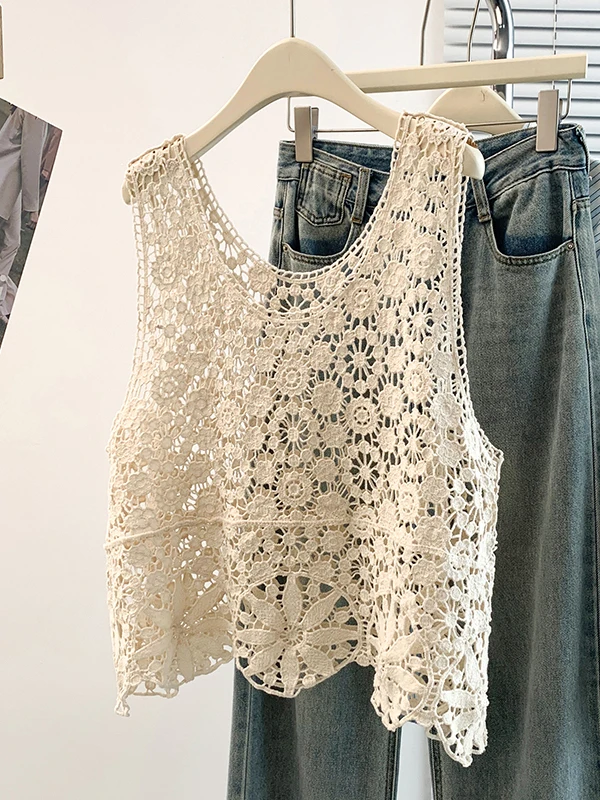 Women's Knitted Hollow out Flower Vest Spring Commute Style U-Neck Loose Fit Inner Wear Large Size Hook Lace Design