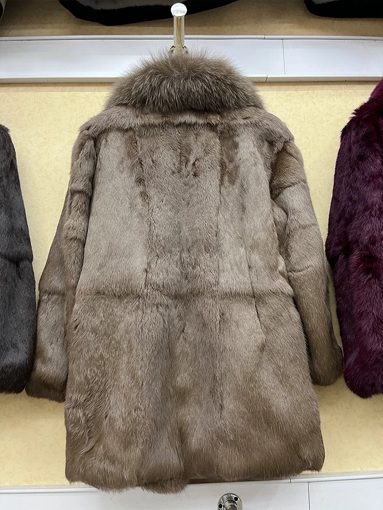 2024 100% Genuine Whole Skin Real Rabbit Fur Coat With Natural Fox Fur Collar Jacket Full Pelt Luxury Rabbit Fur Overcoat