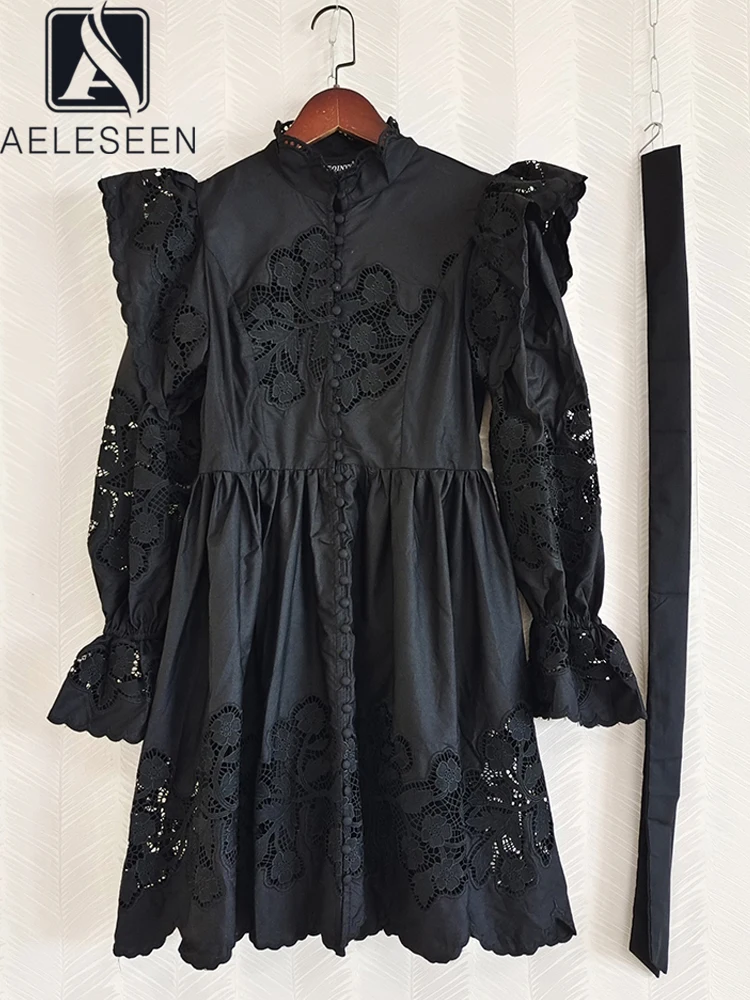 AELESEEN Fashion Designer Black Dress Women Long Sleeve Hollow Out Flower Embroidery White Ruffles Belt Single-Breasted Mini