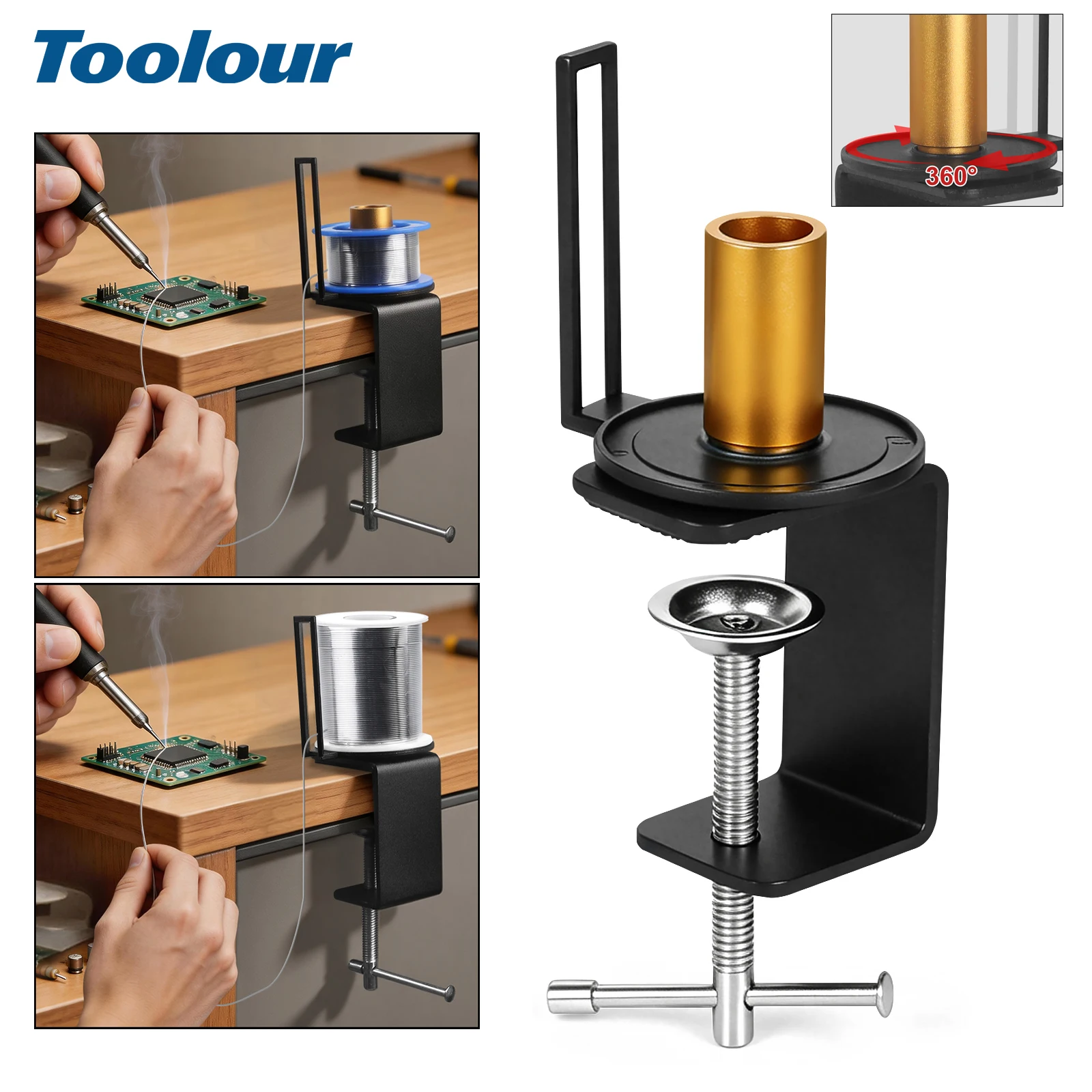 Metal Soldering Wire Stand Solder Dispenser Reel 360° Rotation Adjustable Roll Holder with Table Clamp Welding Tool Accessories