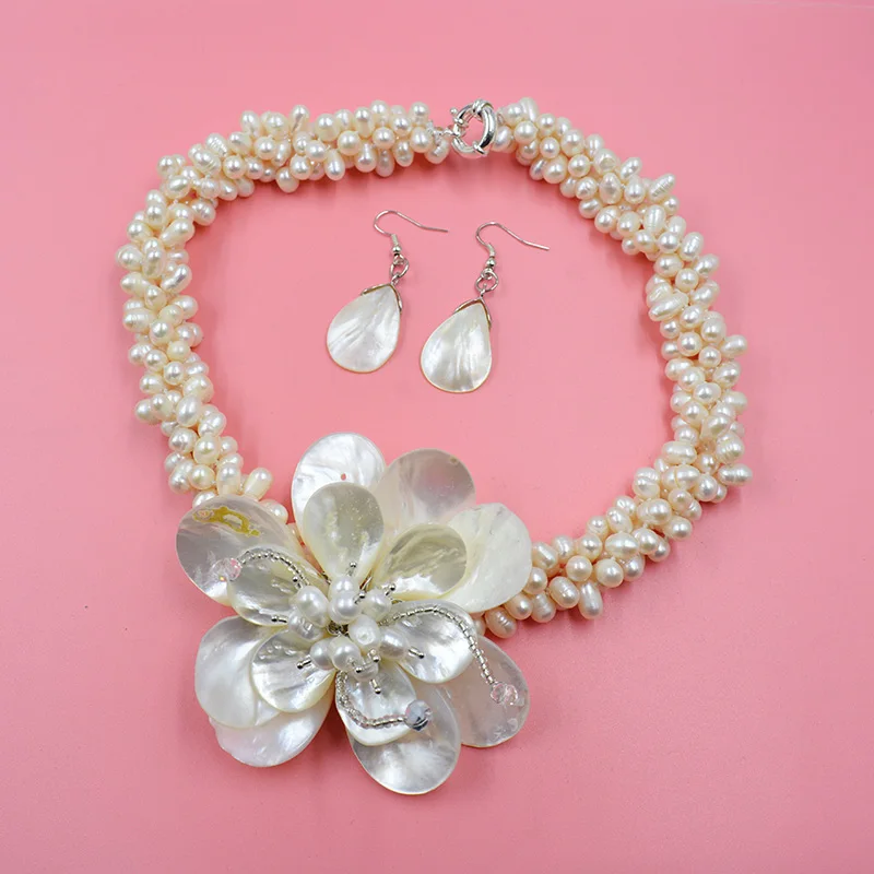 Brand new 4 strand 6MM 100% natural freshwater pearls/ocean shells. Handwoven Flower Necklace/Earring Set 20 \