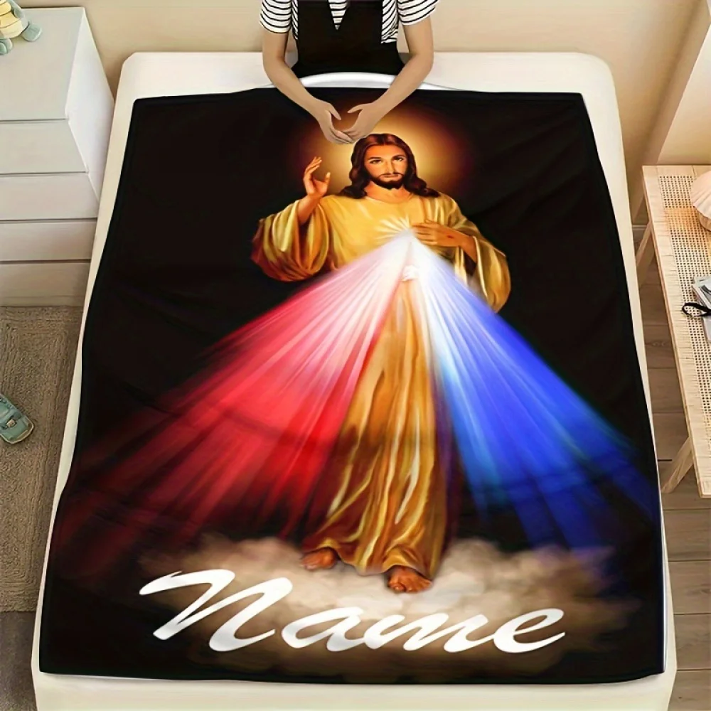 1pc Custom Jesus-Themed Blanket with Your Name - Soft Cozy Blanket for Couch, Bed, Travel, Perfect Christmas Gift