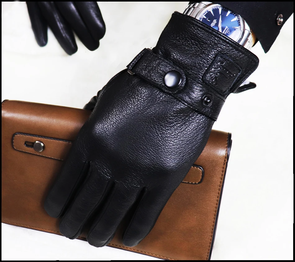 Hochwertige Herren-Lederhandschuhe, Hirschleder-Textur-Ziegenlederhandschuhe, winterwarme Flanellwolle, die mit dünnen und dicken Lederhandschuhen gestrickt ist, Fahrrad- und Fahrlederhandschuhe – Detail 14