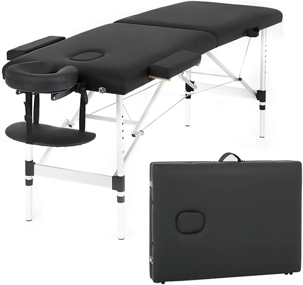 Portable Massage Table, Foldable Lash Bed, Spa And Tattoo Salon Workstation, Height Adjustable Beauty Table With Carrying Bag, Modern Style, Black, 1 Piece
