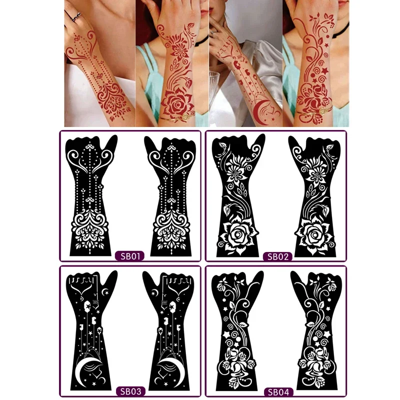 

1Pair Black Hand Transfer Temporary Tattoo Stickers Hand Henna Tattoo Template For Women Body Painting Flowers Tattoo Stencil