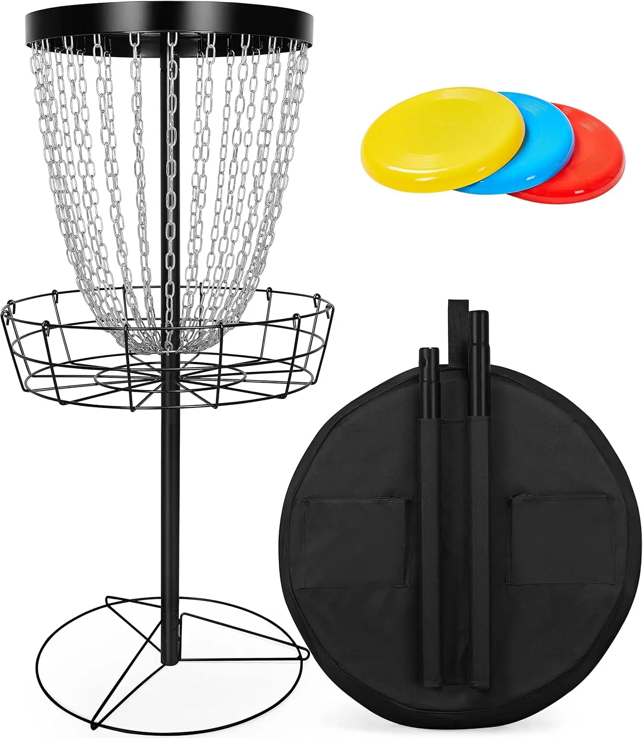 

Yaheetech Disc Golf Basket Portable Disc Golf Target Pro Golf Basket Set with Heavy Duty 24 Chains & Carry Bag & 3 Discs Black/B