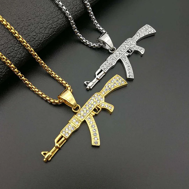 Hip Hop Rhinestones Paved Bling Iced Out Gold Silver Color Stainless Steel AK 47 Gun Pendants Necklace for Men Rapper jewelry