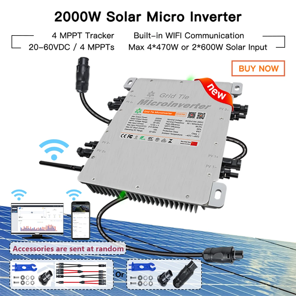 

DEYE 2000W 4 MPPT Solar Micro Inverter Built-in WiFi 20-60V DC to 230V AC IP67 Pure Sine Wave Approved INMETRO VDE