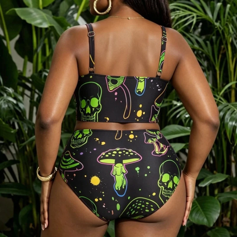 New Plus Size High Waisted Bikini Set Spaghetti Strap Longline Top Skull Mushroom Print Push‑Up Tummy Control Two‑Piece Swimwear