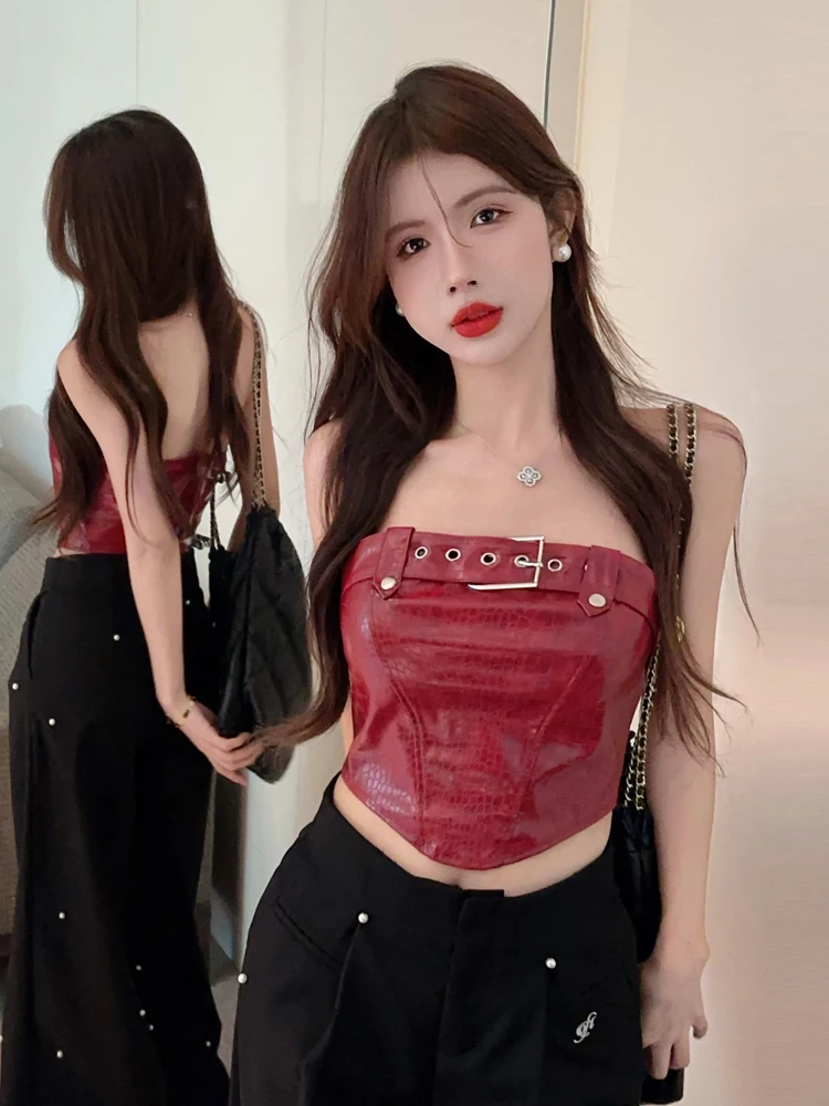 Retro Sexy Snake Skin Print Wrap Chest Backless Vest Design Short Slimming Versatile Women's Top  Back Leather Buckle