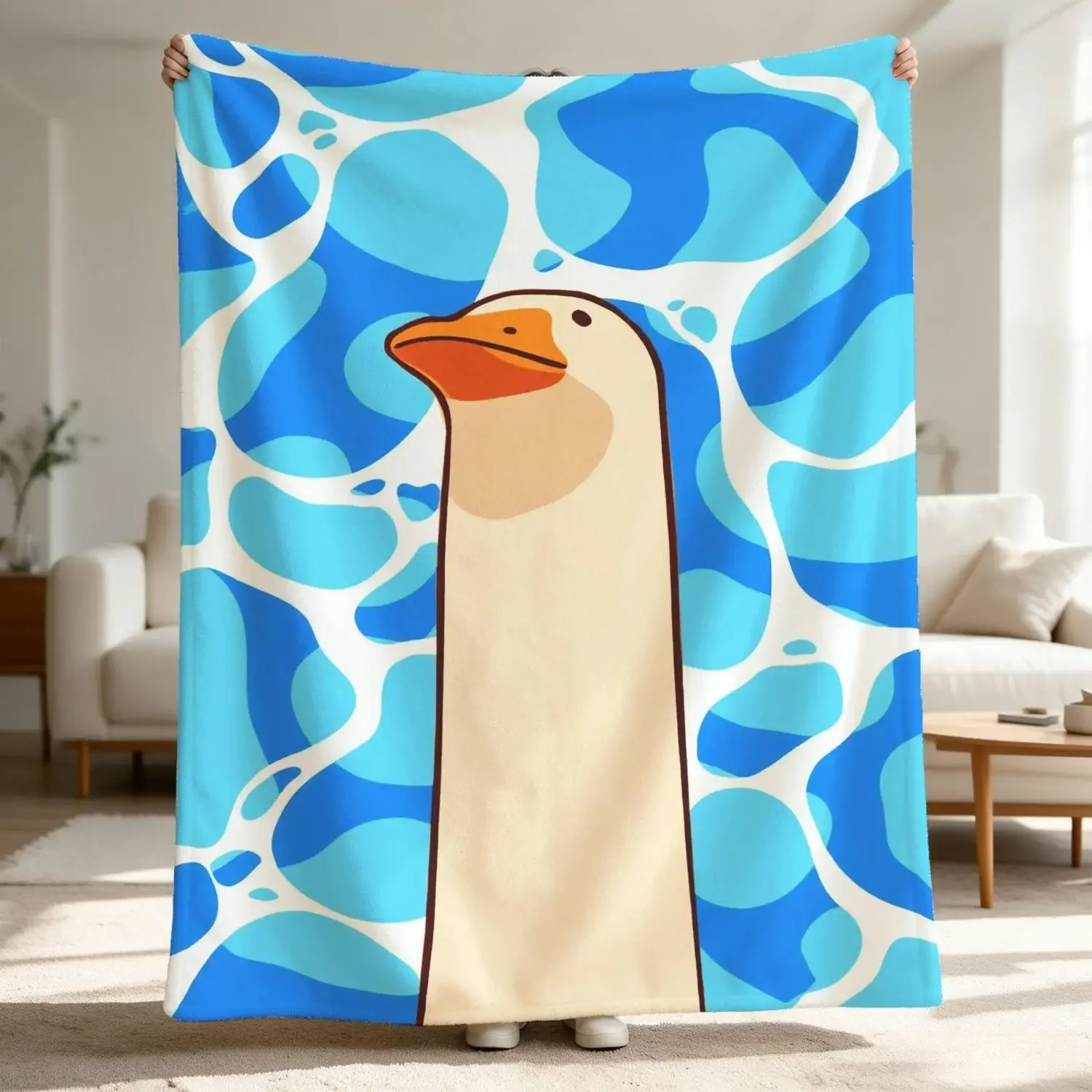 [Flannel Blanket] Cute Goose-Shaped Blanket, Water Ripple Pattern, Cozy Living Room Decoration, Gift for Animal Lovers