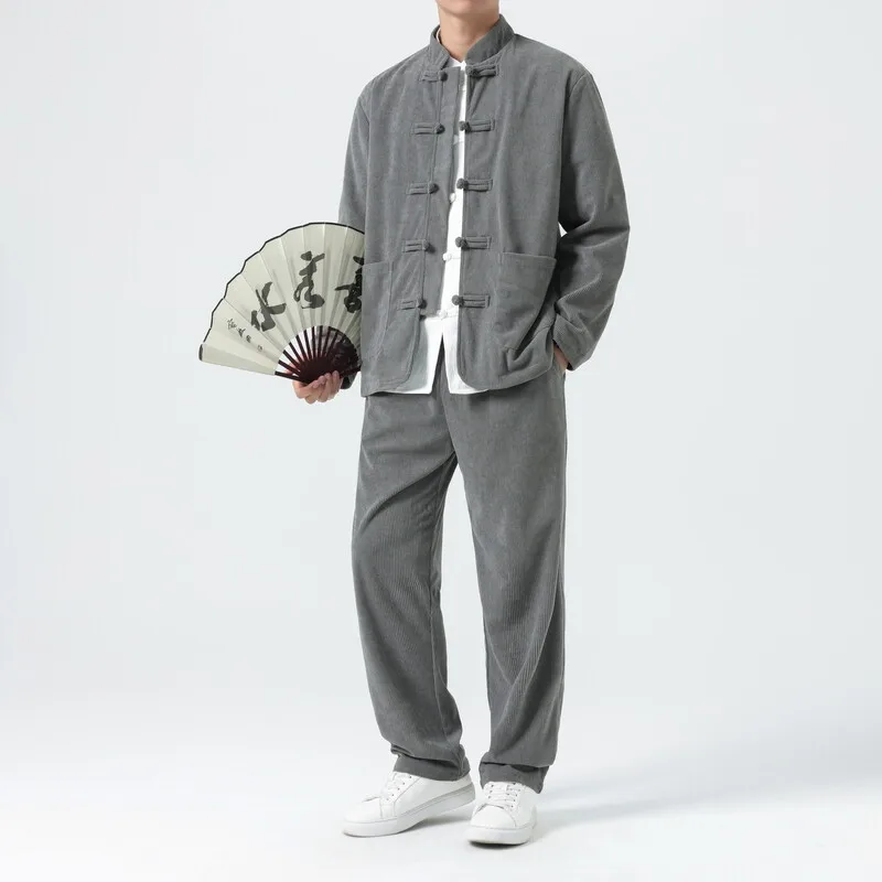 Men Corduroy Sets Men Tang Suit Jackets +Pants Male Kung Fu Traditional Chinese Top & Bottom Sets Men Tai Chi Hanfu Tracksuit