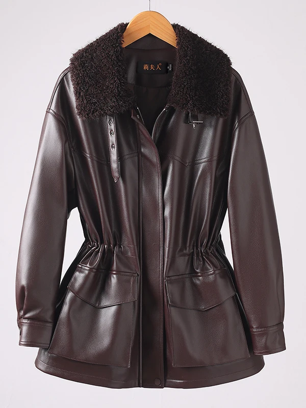 Echte Daunen-Lederjacke für Damen, mittellanger Mantel mit Kordelzug an der Taille, lässiger, langärmliger Schaffellmantel