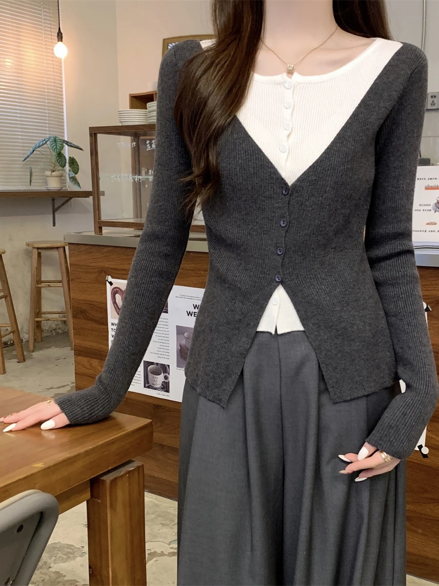 

Korean Sle Color Blo Slim Fit Knitted Sweater Women's Inner Wear Autumn Winter New Arrival Ele Knitted Open Cardigan