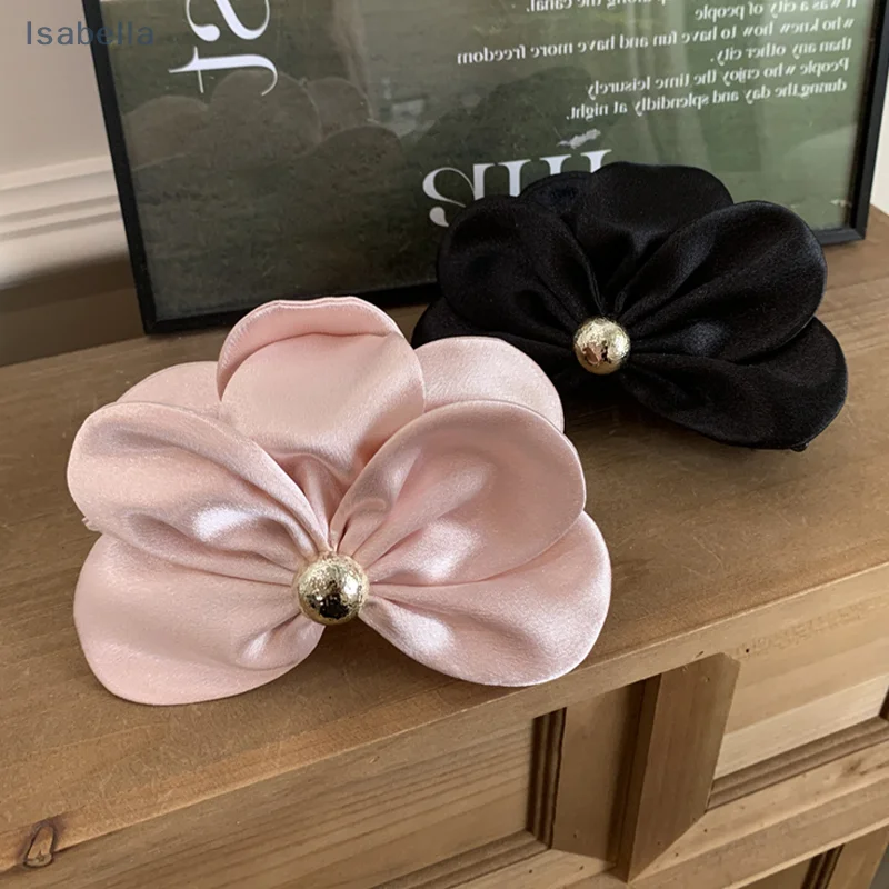 ♥ ♥ ♥ مشبك شعر بتلات ثلاثي الأبعاد من الساتان اللامع، دبوس شعر حلو نصف مربوط مشبك شعر نسائي مشبك سمك القرش