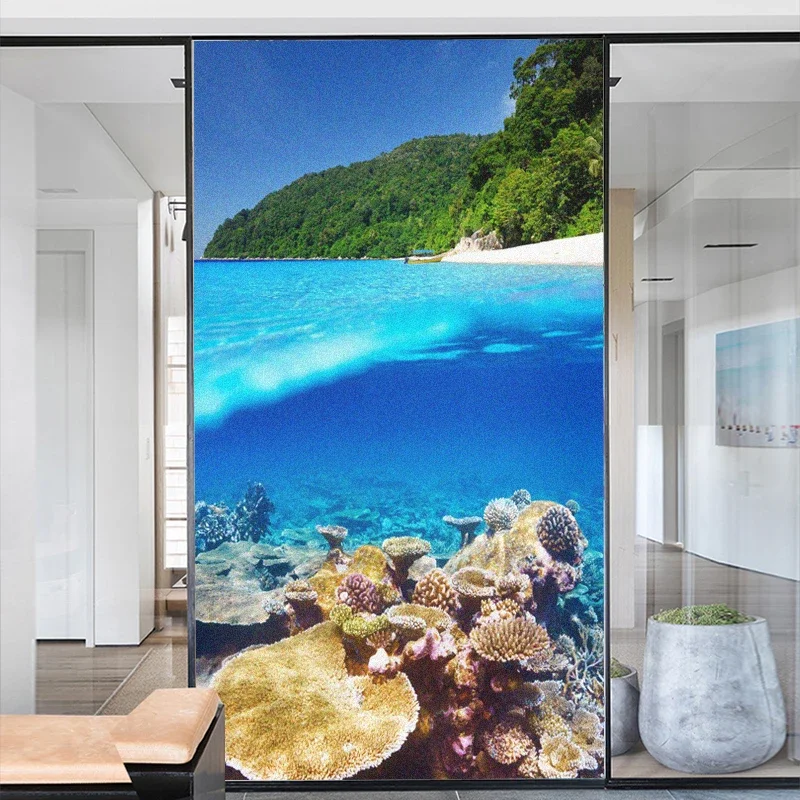 Static Cling Window Film Privacy Frosted Glass Sticker Seascape Decoration Adhesive sticker for Home