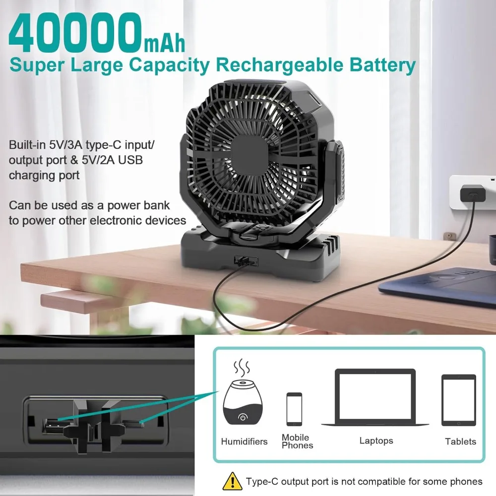 

Fan, 40000mAh Rechargeable Battery Operated Fan, Auto-Oscillating Desk Fan with Remote & Hook & Led Light,4 Speeds 4 Timers, Fan