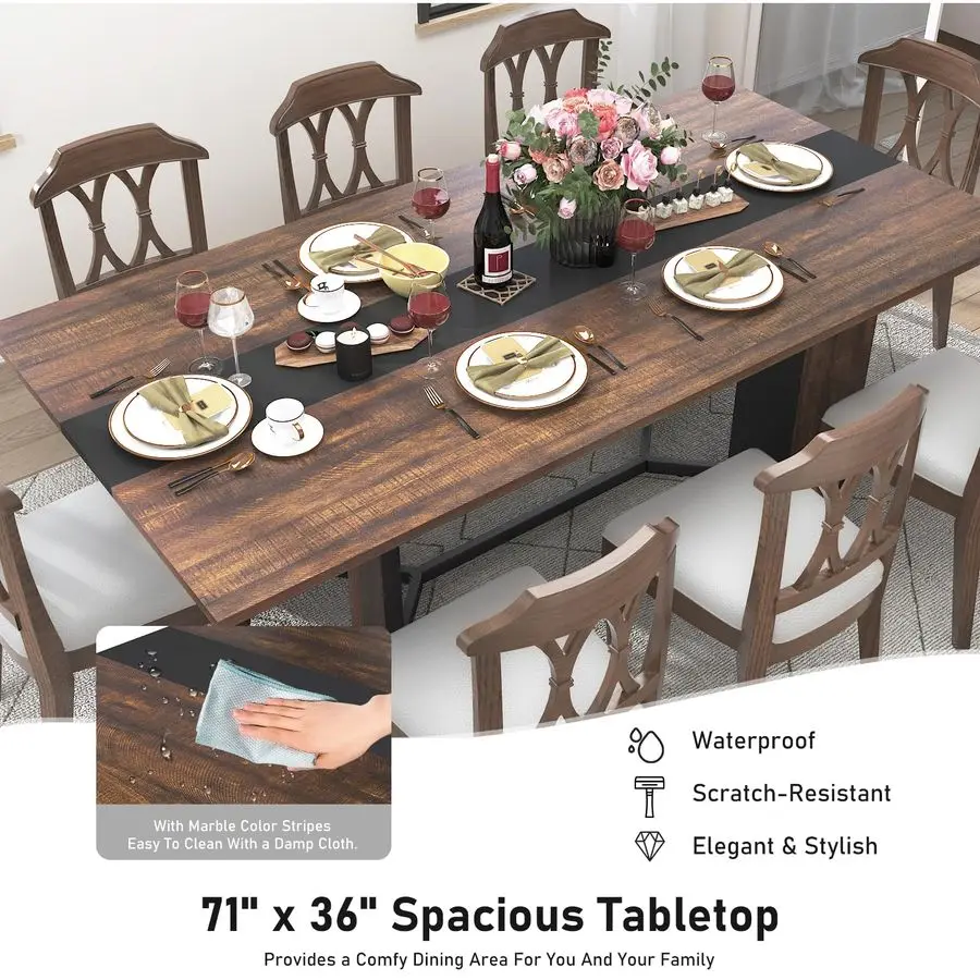 Dining Table for 6 People,Modern Brown Rectangular Kitchen Table W Waterproof Wood Tabletop,Farmhouse Long Dining Room Tables W