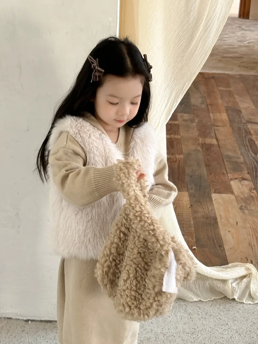 Children Clothes Girls Korean Style Fur Vest Baby Winter Solid Color New Fashionable Warm Casual Girls Sweet Soft Kids Waistcoat