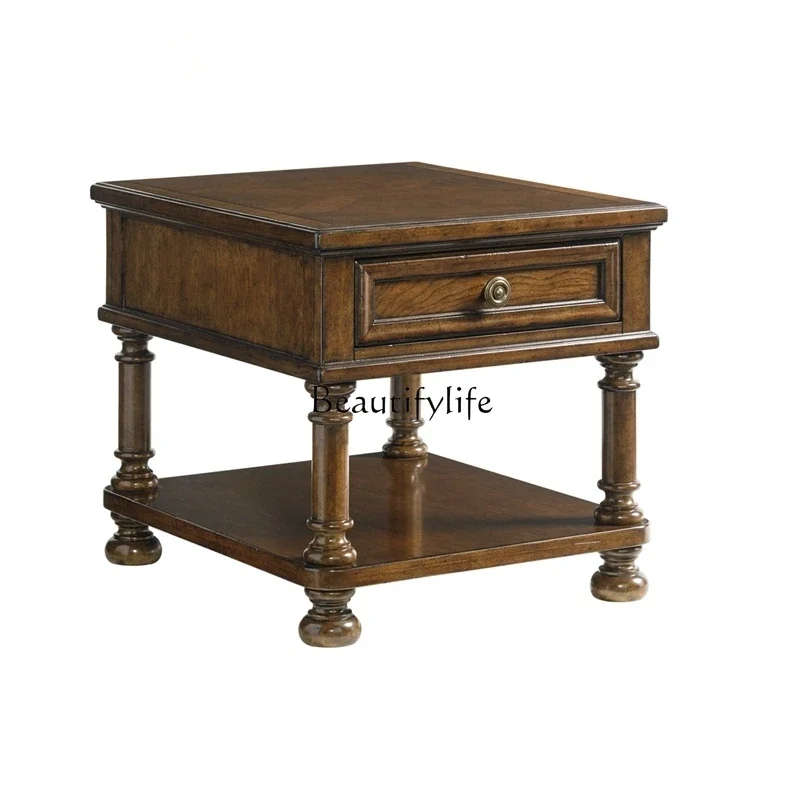 FG40American Retro Distressed Mahogany Wooden Square Corner Table European Carved Classical Bedside Table