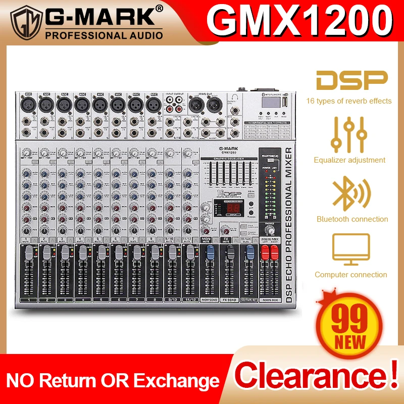 

99 New , G-MARK GMX1200 Audio Mixer 12 Channel Professional USB DJ Mixing Console Music Studio 8 Mono 4 Stereo 7 Brand EQ