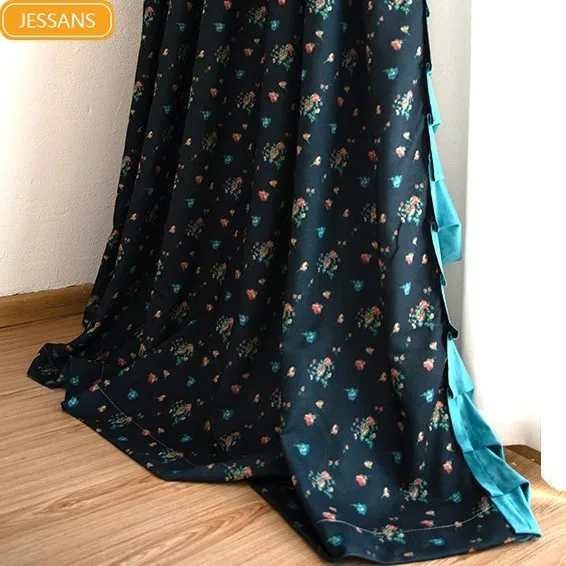 Small Rose Navy Imitation Cotton Linen Jacquard Wood Ear Edge Splicing Curtains for Living Room Bedroom French Window Customized