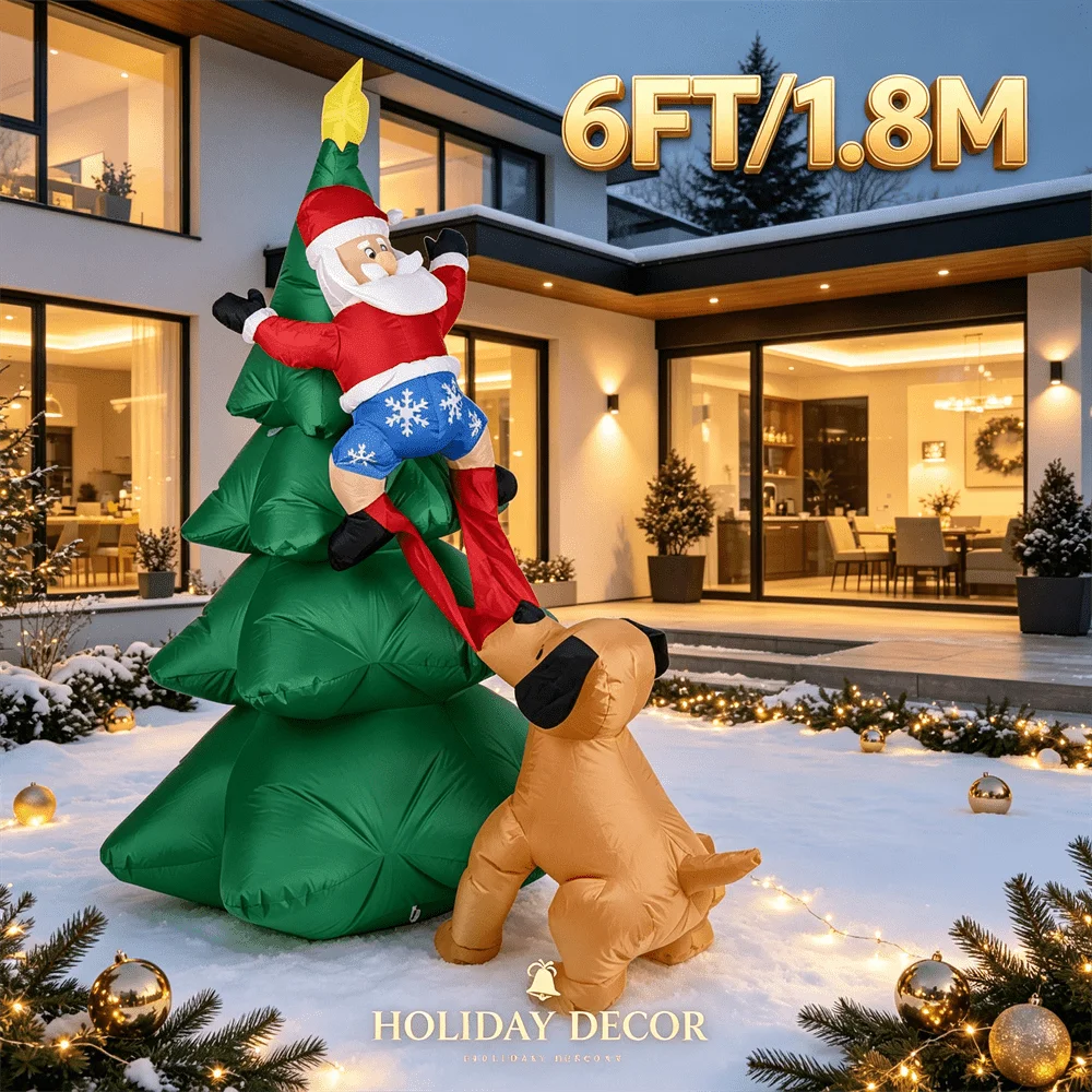 6FT Dog Pulling Santa on Christmas Tree Inflatable Toy Mode WithLED Light Blow Up Outdoor Christmas Garden Yard Decor