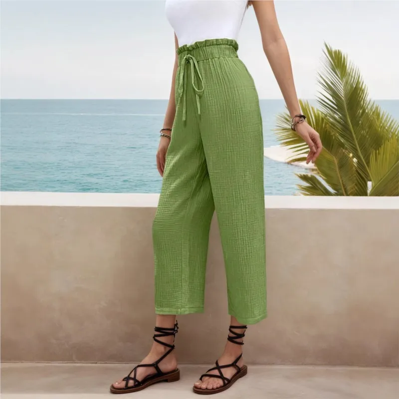 

Fashion Casual Women Nine-Pant High Elastic Waist Lace-up Wide Leg Pants 2026 Summer Solid color Beachwear Full Loose Trousers