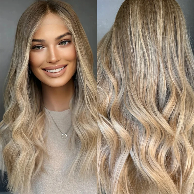 180% Density Wig Ombre Ash Blonde HD Lace Front Wig High Quality Synthetic Wig For Women Daily Party Cosplay Use Medium Size Cap