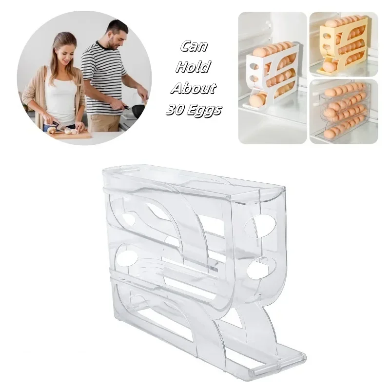 3/4 Tier Egg Holder for Fridge,Auto Rolling Fridge Egg Organizer Storage Box,Large Capacity Refrigerator Egg Dispenser Rack