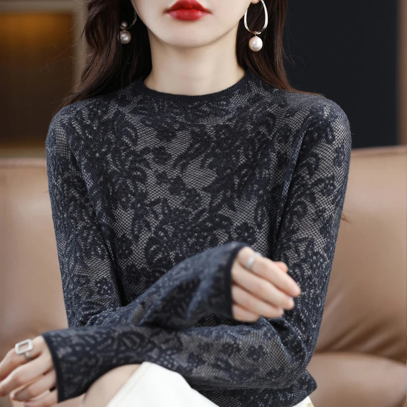 

Early Autumn Three-Dimensional Carved Lace Hollow Wool Knit Sweater Women's Pullover Thin Fashion Long-Sleeved O-Neck Chic Top