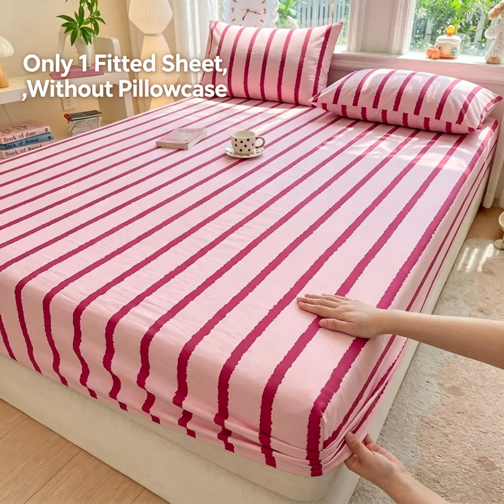 1 pieza Sábana Ajustable Elástica con Rayas Rosa y Azul, Funda de Colchón con Bolsillos Profundos, Decoración de Dormitorio Individual, Matrimonial, Queen, King para Niñas y Niños