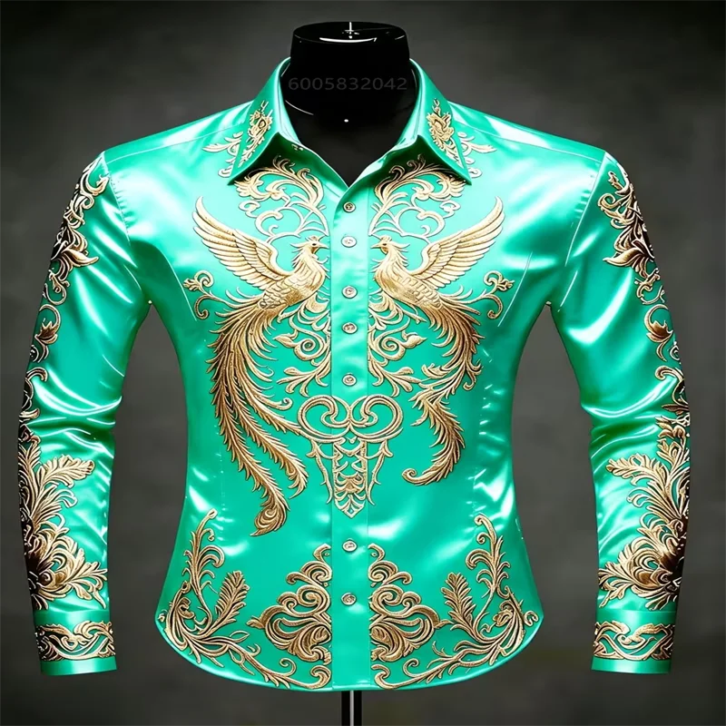 Men Silky Satin Button‑Down Shirt Vintage Golden Phoenix Floral Pattern Long Sleeve Male Banquet Party Formal Dress Tops