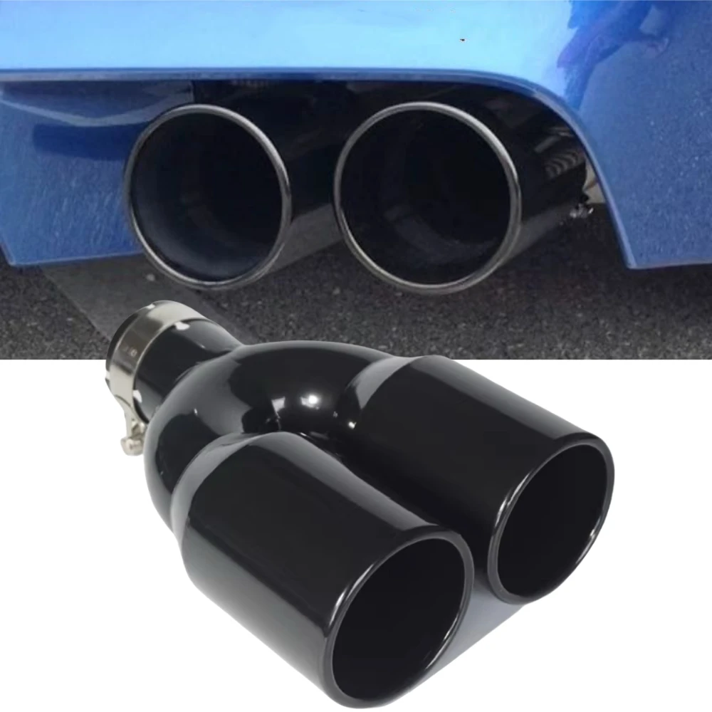 1Piece Dual Exhaust Tip double wall rolled edge Stainless Steel black powder coated Weld-on muffler Tail pipe