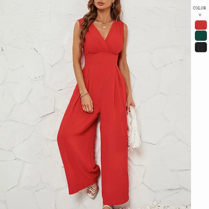 

Faionable High-Waisted Jumpsuit with Commuter Sves for Summer Women's One-Piece Suit Ele Long Pants Polyester Fiber