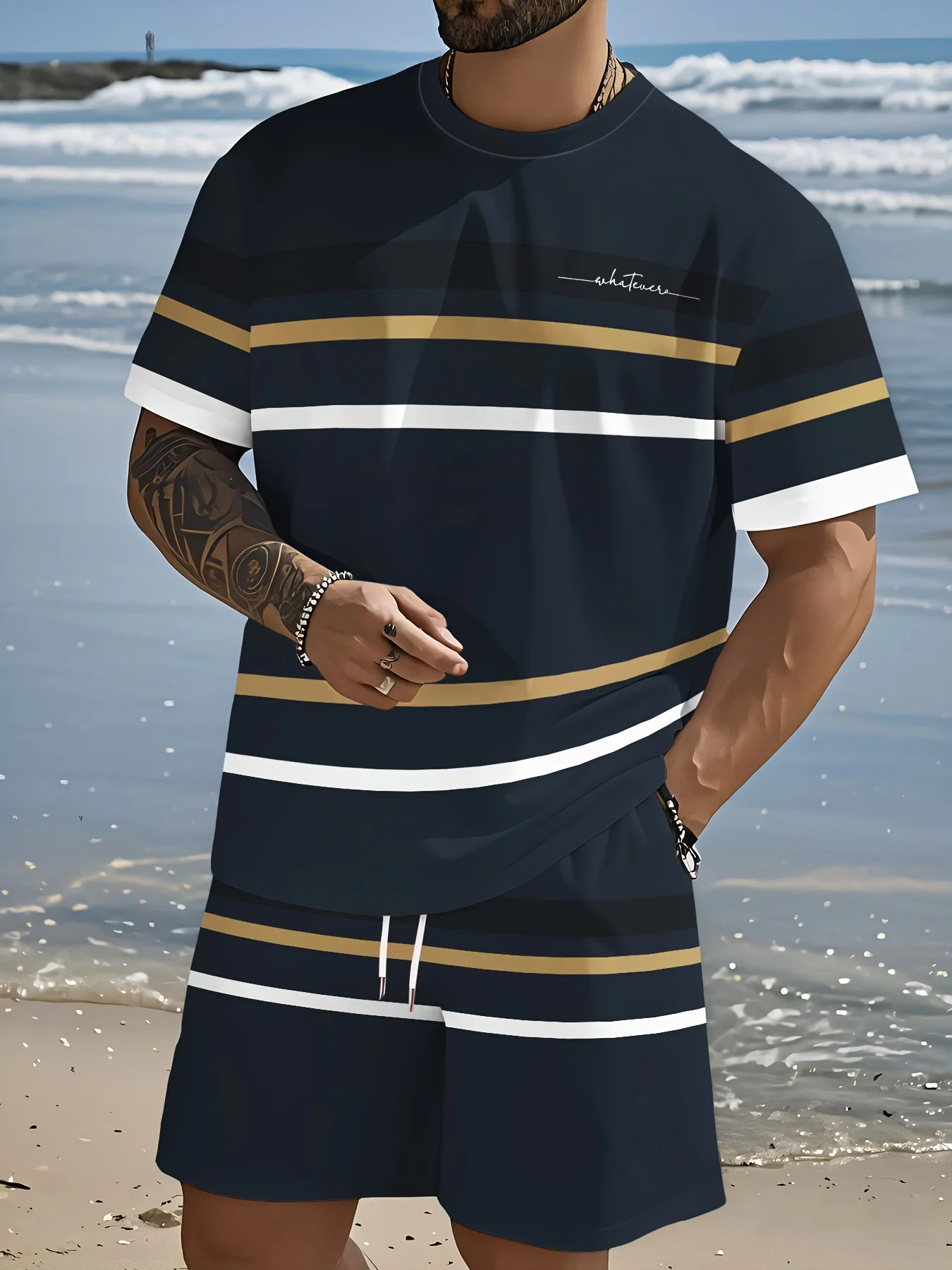 2026 Minimalist Casual Men's T-Shirt and Shorts Set Striped Athletic Short-Sleeve Top and Shorts Combination Holiday Men Apparel