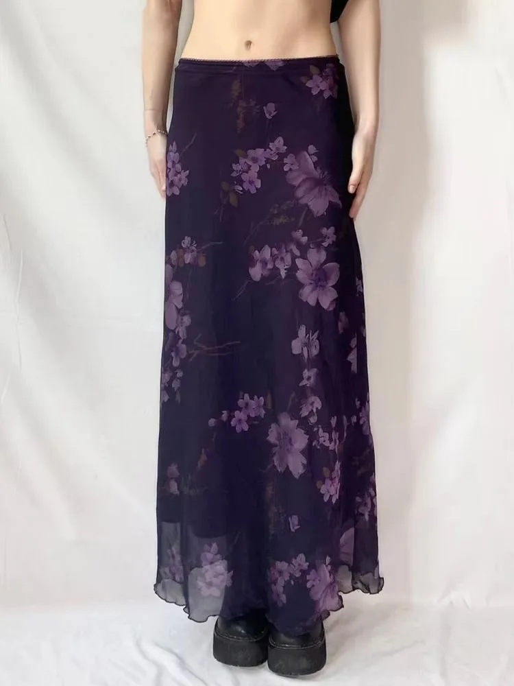 Vintage Purple Flower Print Mesh Mermaid Long Skirt Women Sexy Low Waist Slim Versatile Skirts Y2k Aesthetic Faldas Ins