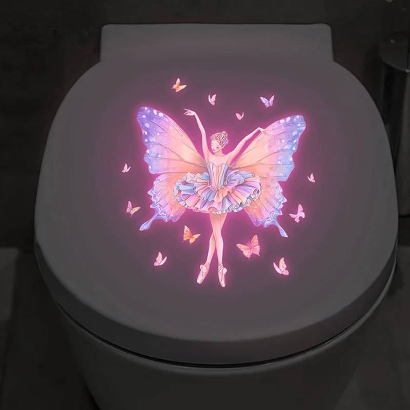 Glow-in-the-Dark Toilet Sticker Glowing Fairy & Butterfly Design Self-Adhesive PVC Wall Art Door Sticker Removable Home Decor