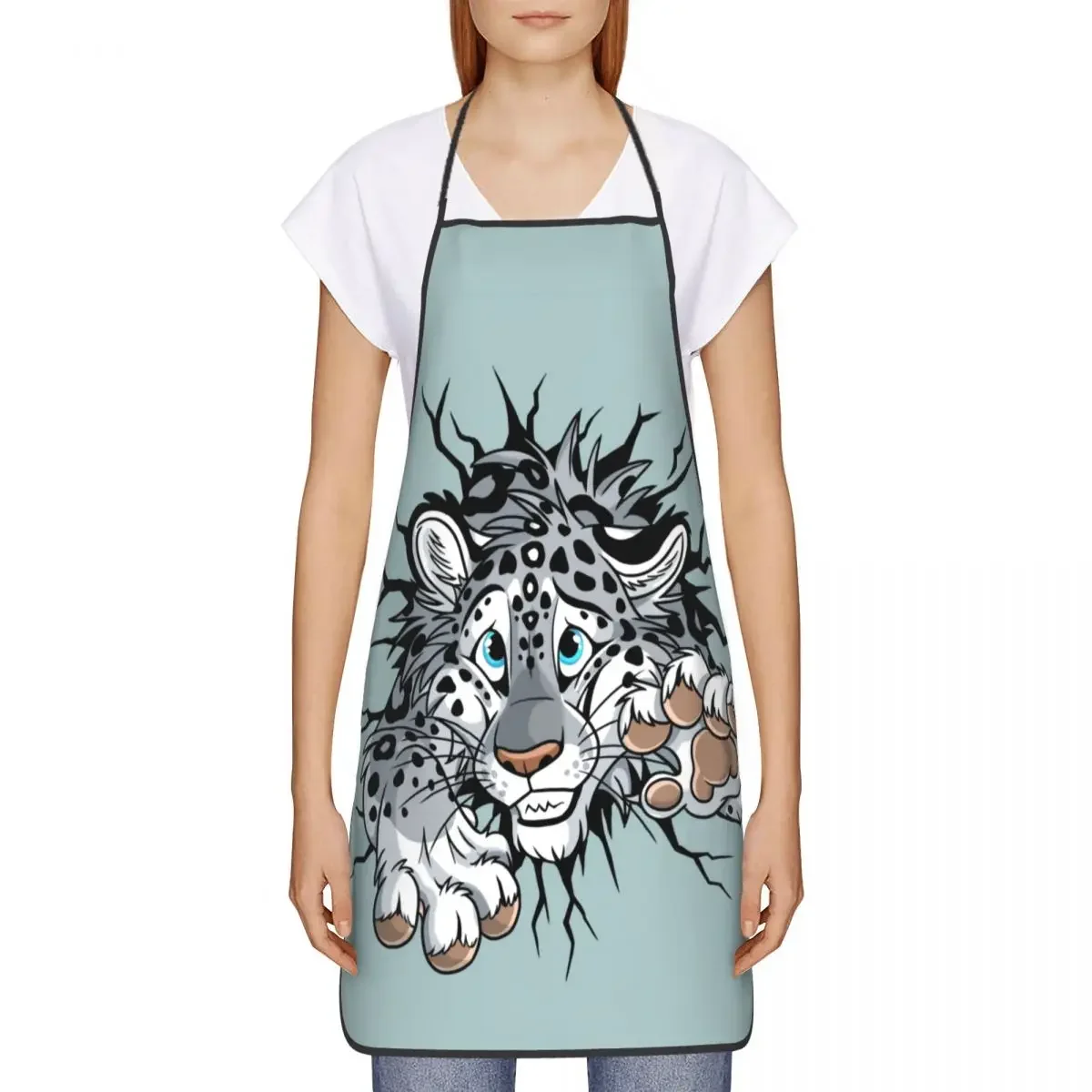 Custom Bib Stuck Snow Leopard Apron for Men Women Unisex Adult Chef Kitchen Cooking Cute Animal Tablier Cuisine Gardening