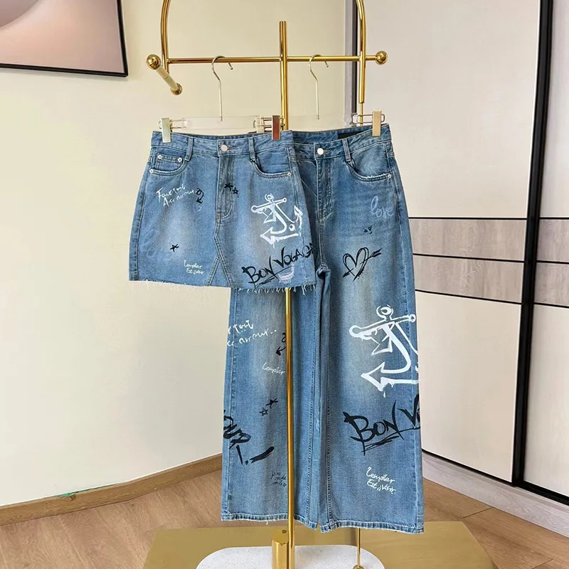 

2024 summer new high-end women's graffiti painted washing and grinding high waist straight leg wide leg jeans woman y2k