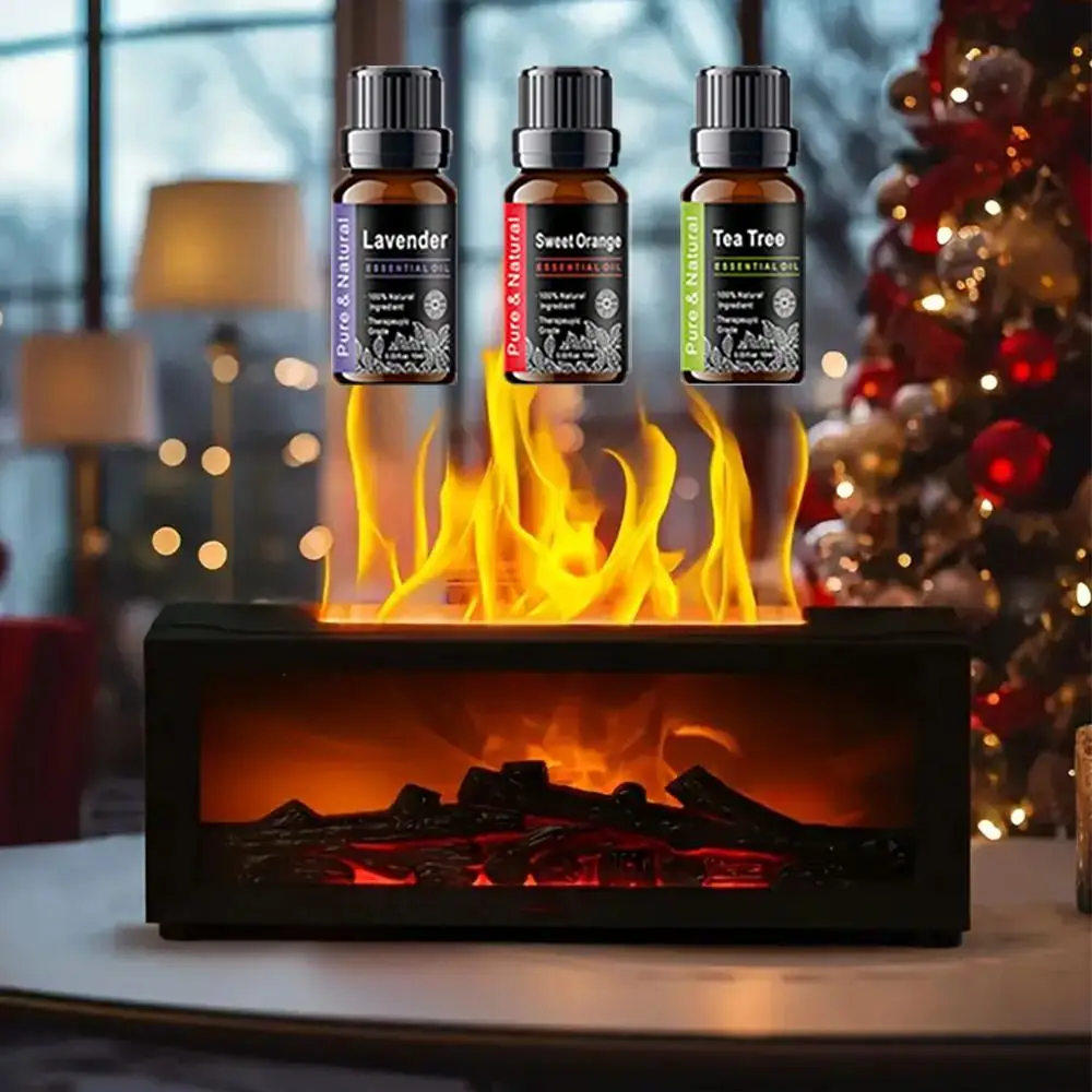 Upgraded Fireplace Diffuser 7-Color LED Flame Effect 300ml Cool Mist Humidifier Remote Timer Relaxing Aromatherapy Home Office