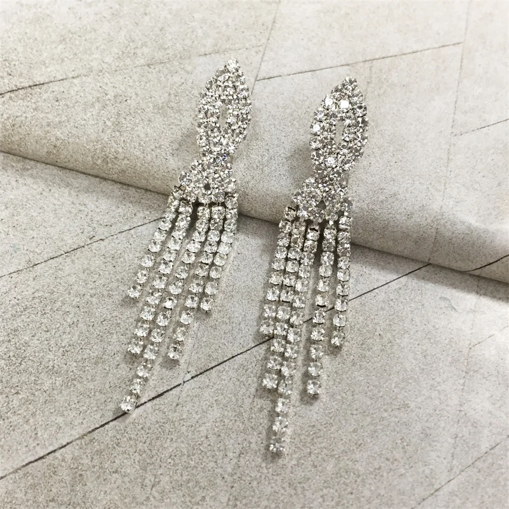 Blingbling Silver Color Plating Clear Gem Tassel Drop Earrings For Women Girl Casual Trendy Lovely Delicate Fashion Jewelry
