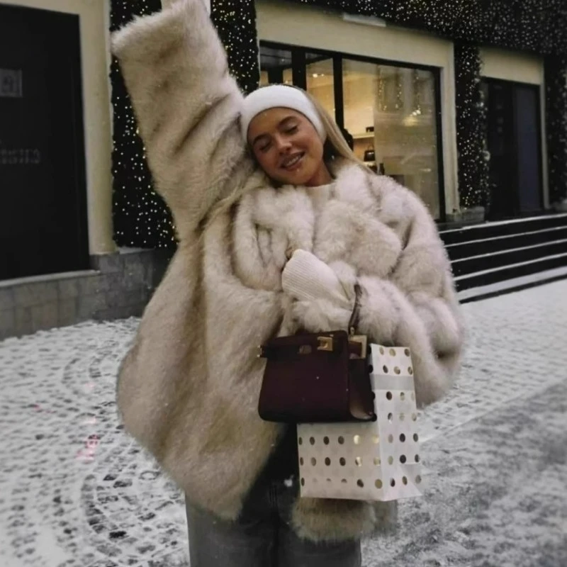Lazy Style Fox Fur Coat European American Thick Warm Imitation Fur Coat Medium Long Plush Cardigan Fashion Simple Warm Jacket