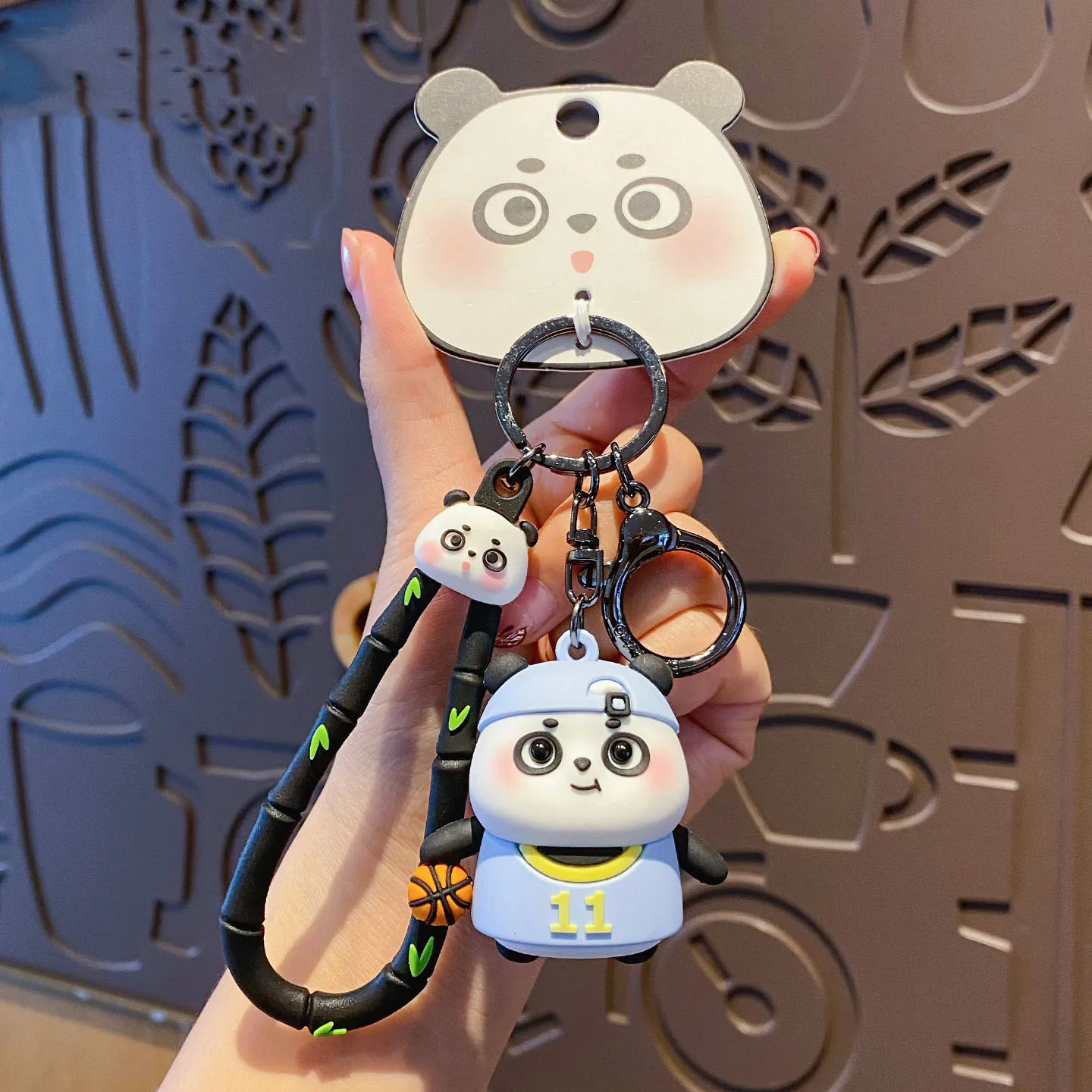 Cute Wear Yellow Hat Panda Dumpling Play Basketball Doll Keychain Pink Cotton-padded Jacket Panda Bamboo Joint Lanyard Key Chain