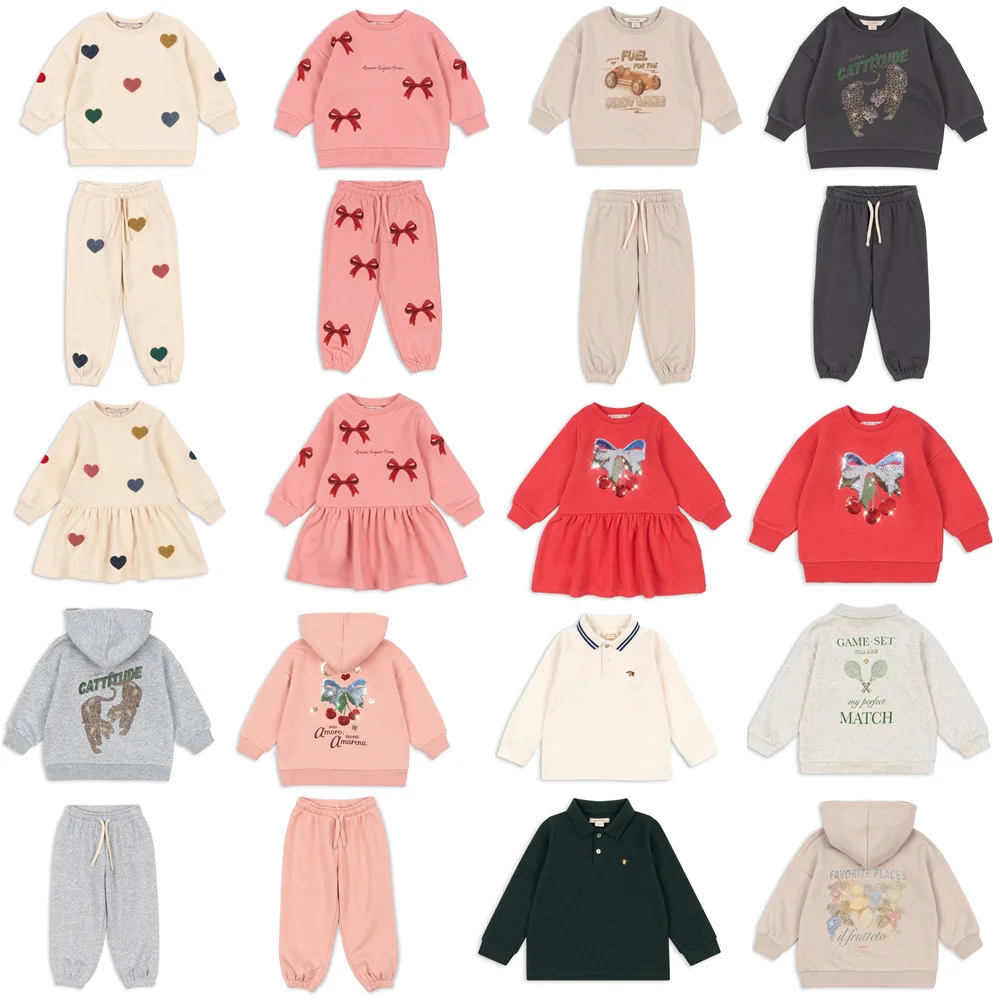 Conjunto de sudadera y pantalón para niños, vestido con estampado de cereza y corazón para niñas, sudaderas con capucha de manga larga para niño, jersey, pantalones informales, otoño 2025